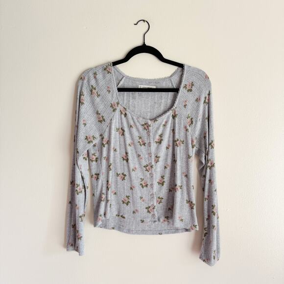 Lucky Brand Grey + Pink Flower Print Square Neck Girlie Cardigan Large - Picture 7 of 7